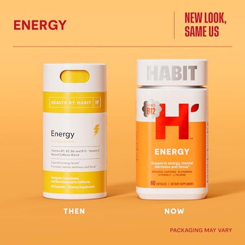 H' Habit - Habit Energy Supplement 2 Pack (120 Cápsulas) – Nova Embalagem, Energia, Alerta Mental e Foco, Cafeína Natural, Vitaminas B