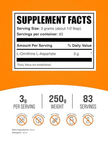Suplemento de Ornithine em Pó L-Ornitina L-Aspartato da BulkSupplements.com – Aminoácido em Pó, Livre de Glúten, 3g por Porção, 250g (Pack de 1)