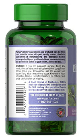 Puritan's Pride - Puritan’s Pride Bilberry 1000 Mg Softgels – Twin Pack 180 Unidades (2 Embalagens) – Comprimidos de Bilberry 1000 Mg – Embalagem Dupla – Alta Qualidade – Saúde Ocular – Antioxidante Natural – Marca Puritan’s Pride