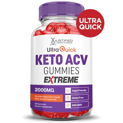 Justified Laboratories - Ultra Quick Keto ACV Gummies Extreme 2000MG – Gomas Ultraquick Keto de Vinagre de Maçã Formuladas com Pó de Romã e Beterraba, Vitamina B12, Veganas, Não Transgênicas – 60 Gomas
