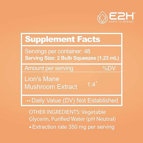 E2H EARTH TO HUMANS - Lions Mane Líquido – Suplemento de Cogumelo do Leão – Promove Clareza Mental, Memória – 30ml