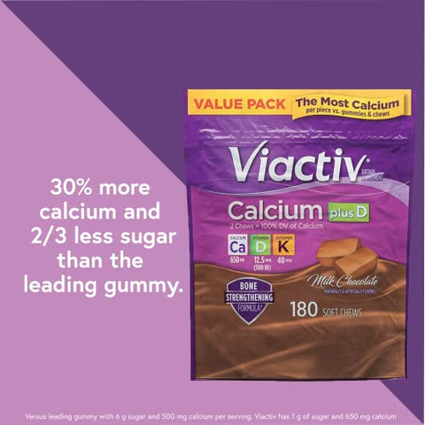 Suplemento de Cálcio com Vitamina D em Pastilhas Macias, Sabor Chocolate ao Leite, 180 Unidades - Viactiv