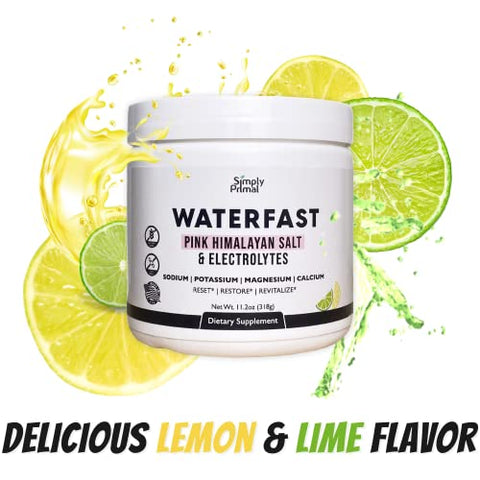Simply Primal - WATERFAST Keto Electrolyte Powder – Limão e Lima | Sal Rosa do Himalaia (Sódio), Potássio, Magnésio, Cálcio | Sem Açúcar, Sem Glúten, Sem Soja | Hidratação e Jejum