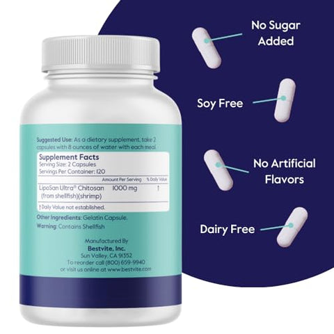 Liposan Ultra Chitosan 500mg (480 Cápsulas) (240 x 2) – Ação Mais Rápida e Patenteada do que o Chitosan Regular – Sem Estearatos – Sem Preenchedores - BESTVITE