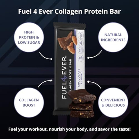 Fuel 4 Ever - Fuel4Ever Barras de Proteína de Colágeno | 14g de Proteína, Sem Glúten, Sem Laticínios, Sem Açúcar ou Ingredientes Artificiais Adicionados | Caixa com 12 Barras de Sabor Chocolate Amêndoa