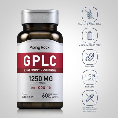 GPLC Glycine Propionyl-L-Carnitine | 1250mg | 60 Cápsulas | CoQ10 | Suplemento Livre de GMO e Glúten - Piping Rock