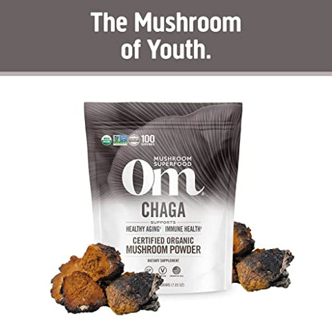Mushroom Superfood Chaga Pó de Cogumelo Orgânico, 200g, 100 Porções, Cultivado nos EUA, Antioxidantes Sagrados - OM