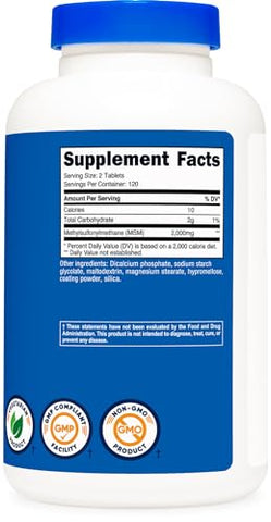 MSM Tablets 2000mg por Porção, 120 Porções, 240 Comprimidos – Livre de OGM e Glúten - Nutricost