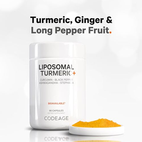 Suplemento Orgânico de Cúrcuma – 95% Extrato de Curcumina em Cápsulas – Mistura Botânica Lipossomal Fermentada de Pimenta-do-Reino, Ashwagandha, Gengibre, Stephania, Boswelia, Cominho, Digestivo – 60 Cápsulas - Codeage