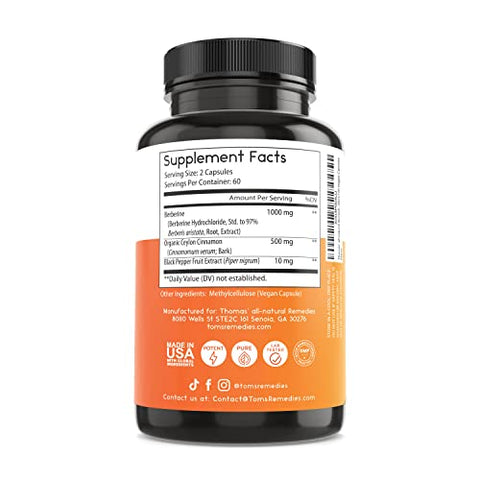Thomas' all-natural Remedies - Remédios Naturais Thomas Berberina 500mg (1000mg Por Porção) – 120 Cápsulas Veganas – com Canela do Ceilão