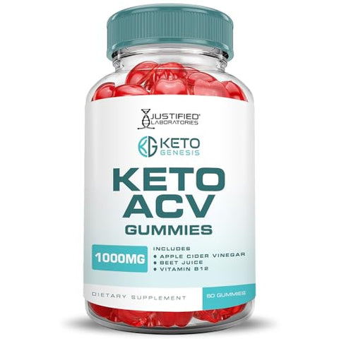 Justified Laboratories - (5 Pacotes) Gomas Keto Genesis Keto ACV Fórmula Avançada 1000MG Gomas Keto Genesis Keto Vinagre de Maçã Formulado com Suco de Romã em Pó B12 Vegano Não GMO 300g