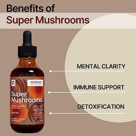 HERBANA MANUFACTURING - Super Mushrooms 8-em-1 – Extrato Líquido 120 ml – Impulsionador Cerebral