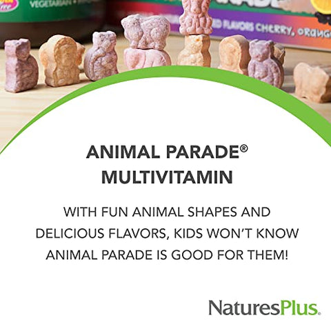 Animal Parade Multivitamínico Infantil Mastigável – 180 Comprimidos em Formato de Animais – Sabores Naturais Sortidos – Vegetariano, Sem Glúten – 90 Porções - Natures Plus