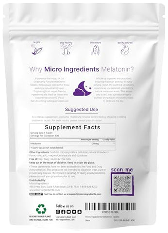 Melatonina 20mg Comprimidos, 400 Unidades, Sabor Natural de Morango, Dissolução Rápida | Sem Medicamentos, Amigável para Vegetarianos, Não-OGM - Micro Ingredients