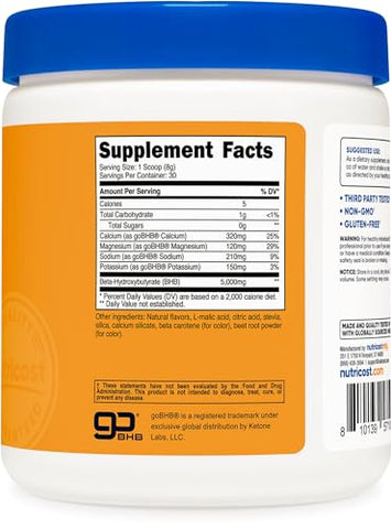 BHB Salts Drink Mix – 30 Porções, Sabor Pêssego Manga – 5g BHB por Porção – 0g Açúcares Totais – Produto Vegetariano - Nutricost