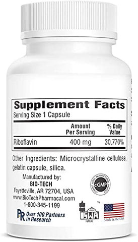 B2-400: 100 Cápsulas – Suplemento Natural – Suporte para Clareza e Produtividade – Sem Laticínios, Peixe, Glúten, Amendoim, Frutos do Mar, OGMs - Bio-Tech Pharmacal