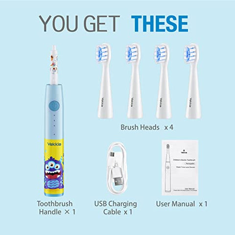 Escova de Dentes Elétrica Infantil, 3 Modos e Temporizador de 2 Minutos para Crianças de 3 Anos, à Prova d’Água IPX7, 4 Cerdas Macias (Monstro de Três Olhos) - Vekkia