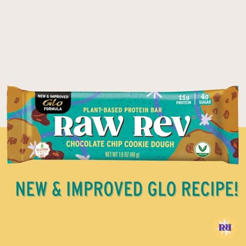 Raw Rev Glo - Barras Veganas de Alta Proteína Raw Rev, Massa de Biscoito com Gotas de Chocolate, 12g de Proteína Vegetal, 11g de Fibra, Keto, Não-OGM, 45g, Pacote com 12