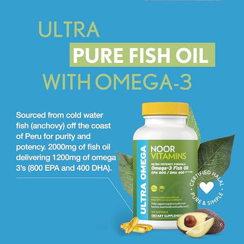 Halal Fish Oil – Ômega 3 Selvagem Peruano (800 mg EPA) – 60 Cápsulas - Noor Vitamins