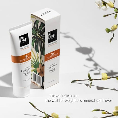 Protetor Solar Diário para Rosto e Corpo SOL LABS, Mineral Natural, FPS 30 Óxido de Zinco Resistente à Água, Seguro para os Recifes, Fórmula Coreana Leve Sem Resíduos Brancos, Ultra Hidratante, 50g