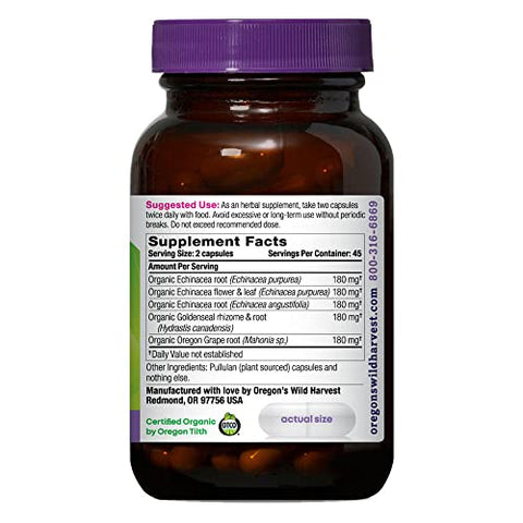 Oregon's Wild Harvest - Oregon’s Wild Harvest Cápsulas Orgânicas de Equinácea e Hydrastis | Vegano, Não-OGM, Sem Glúten, Suporte Imunológico*, 90 Unidades