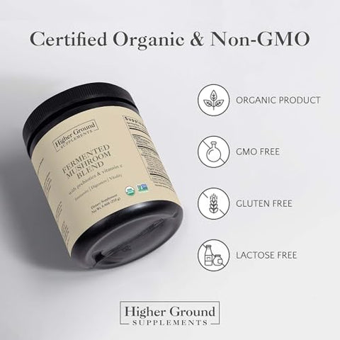 Higher Ground Supplements - Blend de Cogumelos Fermentados | 6 Cogumelos Premium | Prebióticos, Fibras e Vitamina C para Imunidade | Não-OGM | Sem Glúten | 210g