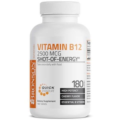 Bronson - Vitamina B12 2500mcg – Comprimidos Mastigáveis de Dissolução Rápida com Sabor de Cereja – Suporte ao Sistema Nervoso e Função Cerebral Saudável – Energia Instantânea – Marca: [Nome da Marca]