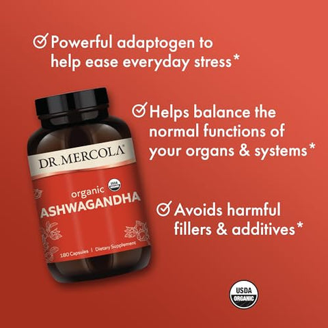 Ashwagandha Orgânico, 90 Porções (180 Cápsulas), Suplemento Alimentar, Energia Natural, Não-OGM, Certificado Orgânico USDA - Dr. Mercola