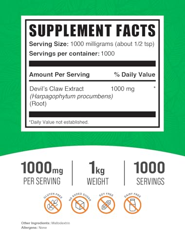 BulkSupplements - Devil’s Claw Extract Powder – Suplemento Herbal de Garra do Diabo, Pó de Garra do Diabo – da Raiz de Garra do Diabo, Sem Glúten, 1000mg por Porção, 1kg (2.2 lbs)