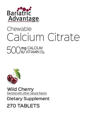 Cálcio Citrato Mastigável 500mg com Vitamina D3 para Pacientes de Cirurgia Bariátrica, Incluindo Bypass Gástrico e Gastrectomia Vertical, Baixo Açúcar – Cereja Silvestre - Bariatric Advantage