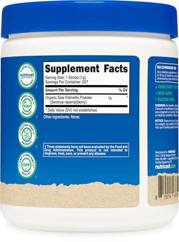 Pó de Saw Palmetto Orgânico 227g – Certificado Orgânico USDA, Livre de Glúten - Nutricost