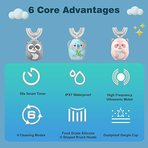 Geacker - Escova de Dentes Elétrica Infantil, U Shaped Escova de Dentes Infantil Sonic Automática com 4 Cabeças de Escova 6 Modos de Limpeza à Prova d’Água IPX7 Recarregável com Temporizador Inteligente para Crianças (8-14 anos)
