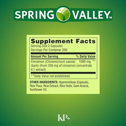KP+ - Spring Valley Cápsulas Vegetarianas de Canela, 1000 mg, 400 Unidades, Kit de Suplementos de Canela com Estojo de Comprimidos
