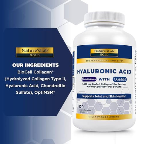 Nature's Lab - Nature’s Lab Ácido Hialurônico com Colágeno Biocell e MSM – Hidratação da Pele, Saúde das Articulações – 120 Cápsulas (40 Dias de Fornecimento)