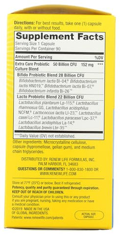 Renew Life - PROBIOTIC Extra Care 50B – Cuidado Extra com Probióticos 50 Bilhões UFC