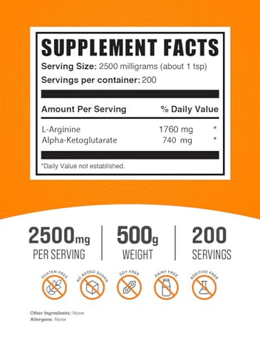 com AAKG em Pó – Arginina Alfa-Cetoglutarato, Suplemento AKG – Arginina, Sem Sabor | 100g - BulkSupplements