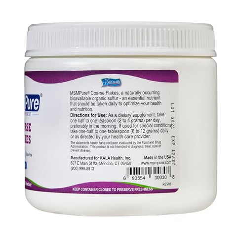 MSMPure MSM – Pó em Flocos 250g, Cristais de Enxofre Orgânico Destilado 99,9% Puro para Saúde das Articulações e Pele - KALA HEALTH