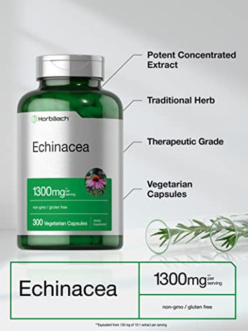 Cápsulas de Extrato de Equinácea 1300mg | 300 Unidades | Vegano, Não-OGM, Suplemento Livre de Glúten - Horbäach