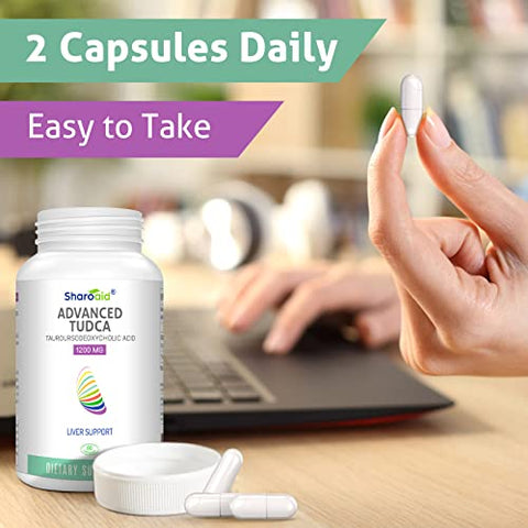 Sharoaid - TUDCA – Suplemento de Suporte Hepático 1200 mg – Fórmula de Alta Potência Testada por Terceiros – Sais Biliares para Desintoxicação e Limpeza do Fígado – Cápsulas Veganas para Saúde do Fígado, Rim e Vesícula Biliar – 1