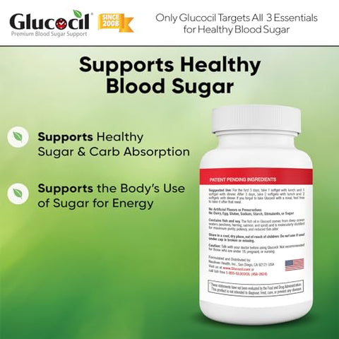 Softgels – Suporte Premium para Açúcar no Sangue – Mais de 2 Milhões de Frascos Vendidos – Suporta os 3 Elementos Essenciais do Açúcar no Sangue – Desde 2008, com Berberina, Folha de Amora Proprietária – 100% Natural e Eficaz - Glucocil