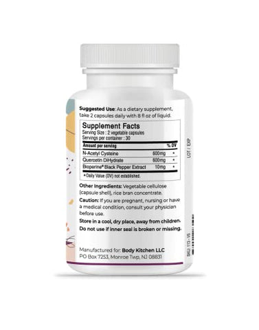 Mega NAC 600 mg com Quercetina – Suporte à Saúde Respiratória e Imunológica, Detox para Fígado e Rins – Cápsulas Vegetais (Pacote com 2) - Body Kitchen