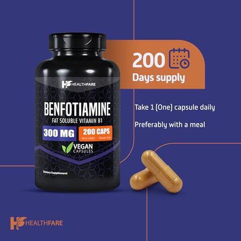 Healthfare - Benfotiamina 300mg | 200 Cápsulas | Vitamina B1 Lipossolúvel | Suporte à Saúde Geral | Livre de Transgênicos | Sem Glúten