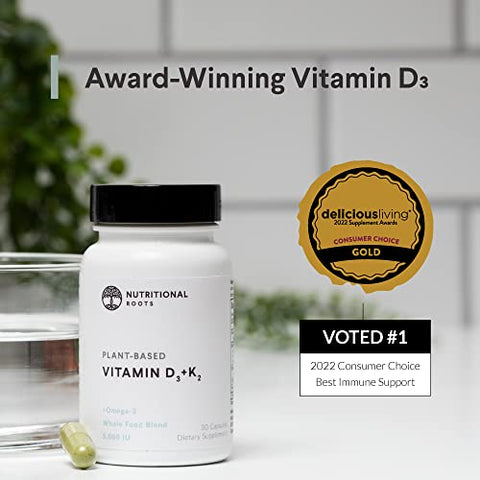 Nutritional Roots - Vitamina D3 K2 à base de plantas, 5000 UI de vitamina D3, probióticos, ômega 3 DHA de algas, mistura de alimentos orgânicos, escolha do médico, vegano, 1 mês de suprimento, 30 comprimidos