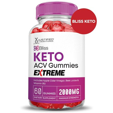 Justified Laboratories - Bliss Keto Gummies Extreme 2000MG ACV – Gomas de Vinagre de Maçã Bliss Keto com Romã e Beterraba em Pó B12 Vegan Non GMO 60 Gummys