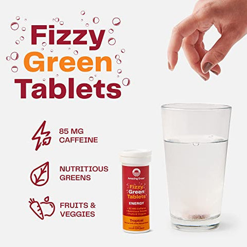 Fizzy Green Tablets Energy Tropical: Comprimidos Efervescentes de Chá Verde com Cafeína, Sabor de Água, Antioxidantes, 10 Unidades (Embalagem com 6) - Amazing Grass
