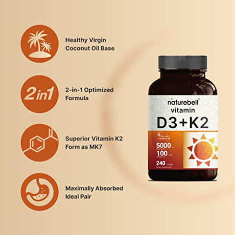Vitamina D3 5000 K2 (MK7) com Óleo de Coco Virgem, 240 Softgels, 100mcg, Suporte 2 em 1, Duo-Ack | 8 Meses de Suprimento | Testado por Terceiros, Não OGM - NatureBell