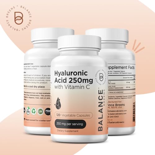 Balancebreens - Suplemento de Ácido Hialurônico Puro 250mg com Vitamina C 50mg – 120 Cápsulas Veganas – Hidratação da Pele para um Brilho Natural – Suplemento Puro de AH com Cabelos, Unhas e Ossos