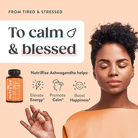 Cápsulas de Raiz de Ashwagandha Orgânica com Pimenta Preta, 1300mg, Natural Antiestresse - NutriRise