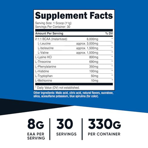 EAA Powder 30 Porções (Blue Raspberry) – Aminoácidos Essenciais – Livre de Transgênicos, Sem Glúten, Amigável para Vegetarianos - Nutricost