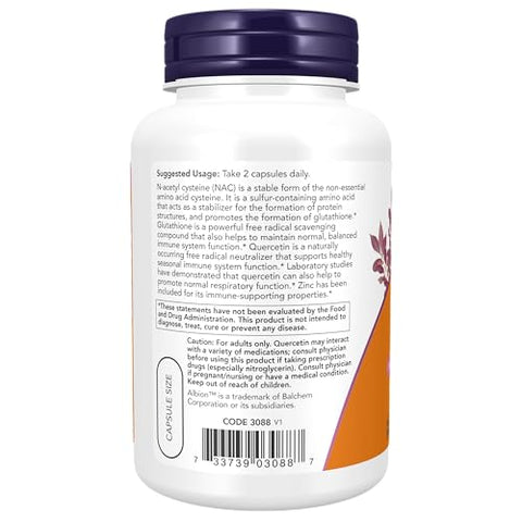 Suplementos, NAC Quercetina e Zinco, Suporte Imunológico e Respiratório*, 1.000 mg NAC, 500 mg Quercetina, 15 mg Zinco, 90 Cápsulas Vegetais - NOW Foods